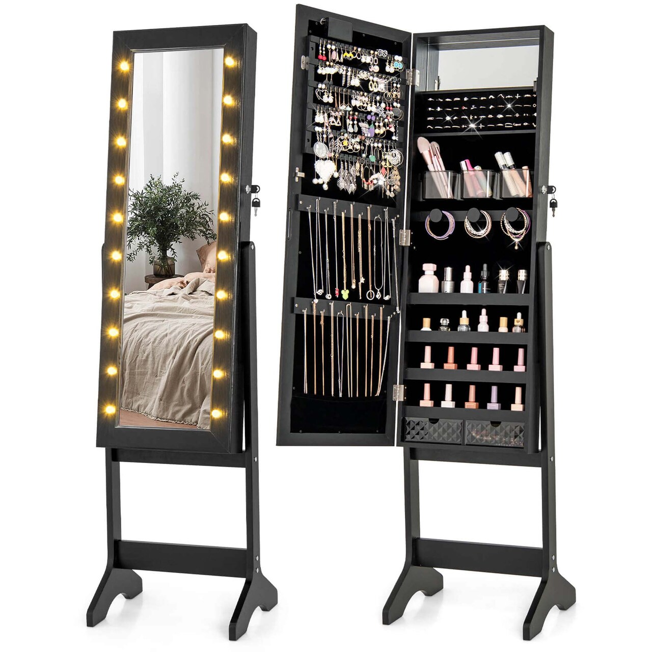 Costway LED Mirror Jewelry Cabinet with 20 LED Lights Full-Length Mirror Adjustable Angles White/Brown/Black